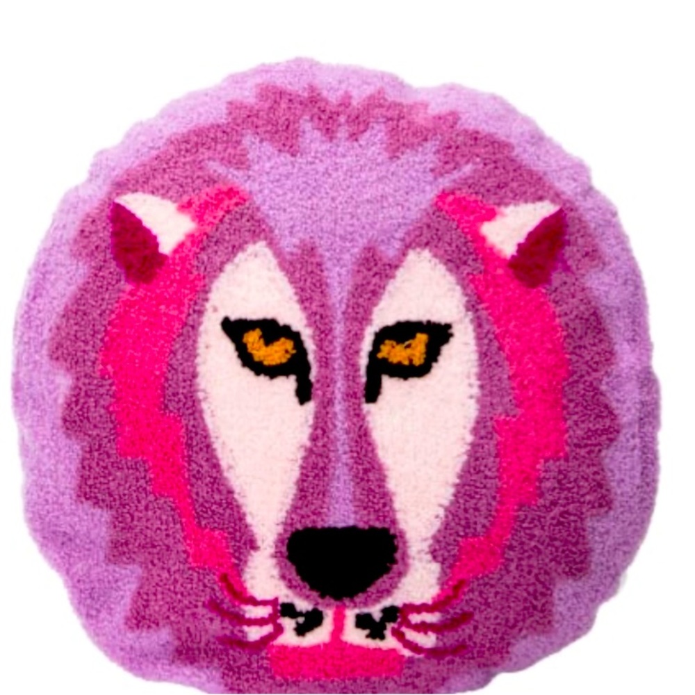 Lion Face Embroidered Pink Purple Round Decorative Accent Animal Pillow 15x15”
